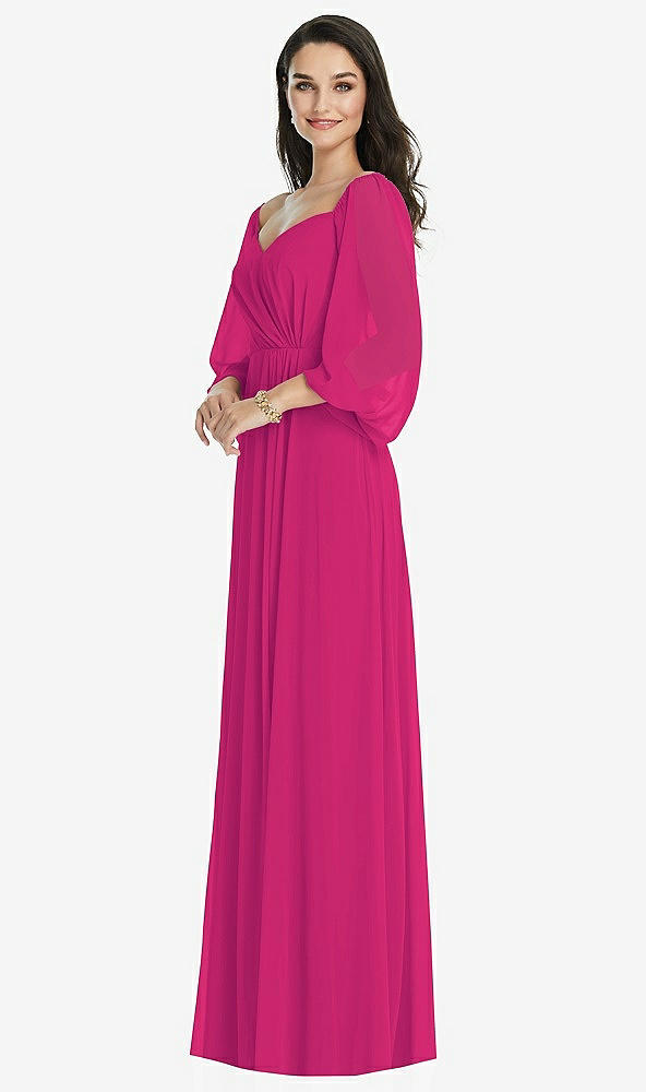 Front View - Think Pink Off-the-Shoulder Puff Sleeve Maxi Dress with Front Slit