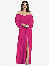 Side View Thumbnail - Think Pink Off-the-Shoulder Puff Sleeve Maxi Dress with Front Slit