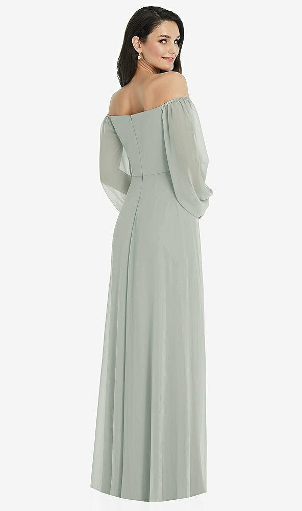 Back View - Willow Green Off-the-Shoulder Puff Sleeve Maxi Dress with Front Slit