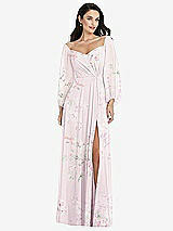 Alt View 1 Thumbnail - Watercolor Print Off-the-Shoulder Puff Sleeve Maxi Dress with Front Slit