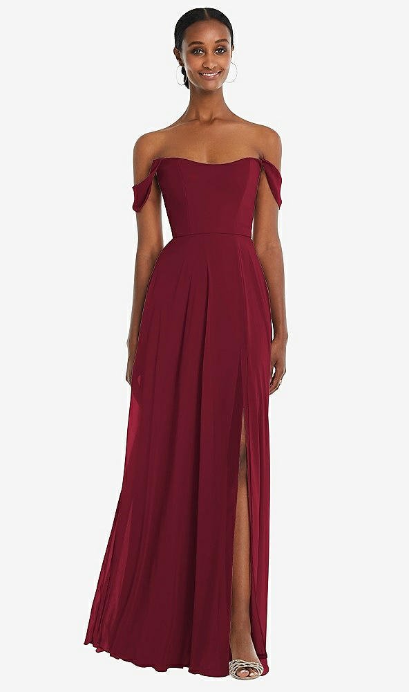 Front View - Burgundy Off-the-Shoulder Basque Neck Maxi Dress with Flounce Sleeves