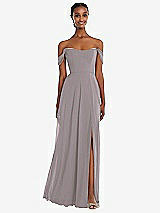 Front View Thumbnail - Cashmere Gray Off-the-Shoulder Basque Neck Maxi Dress with Flounce Sleeves