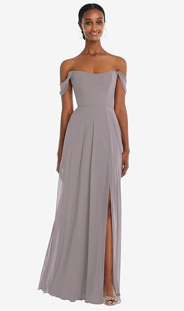Front View - Cashmere Gray Off-the-Shoulder Basque Neck Maxi Dress with Flounce Sleeves