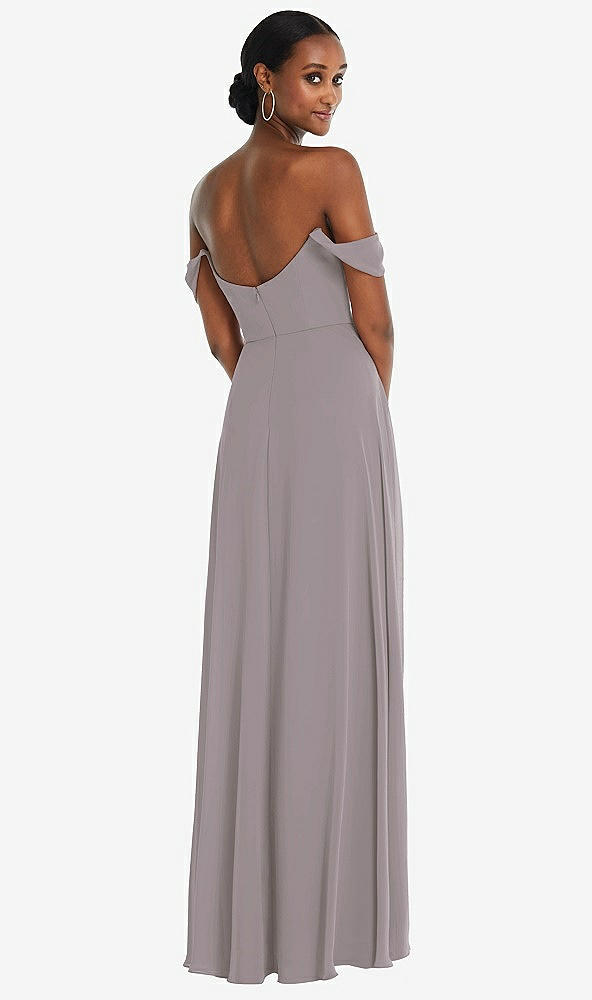 Back View - Cashmere Gray Off-the-Shoulder Basque Neck Maxi Dress with Flounce Sleeves