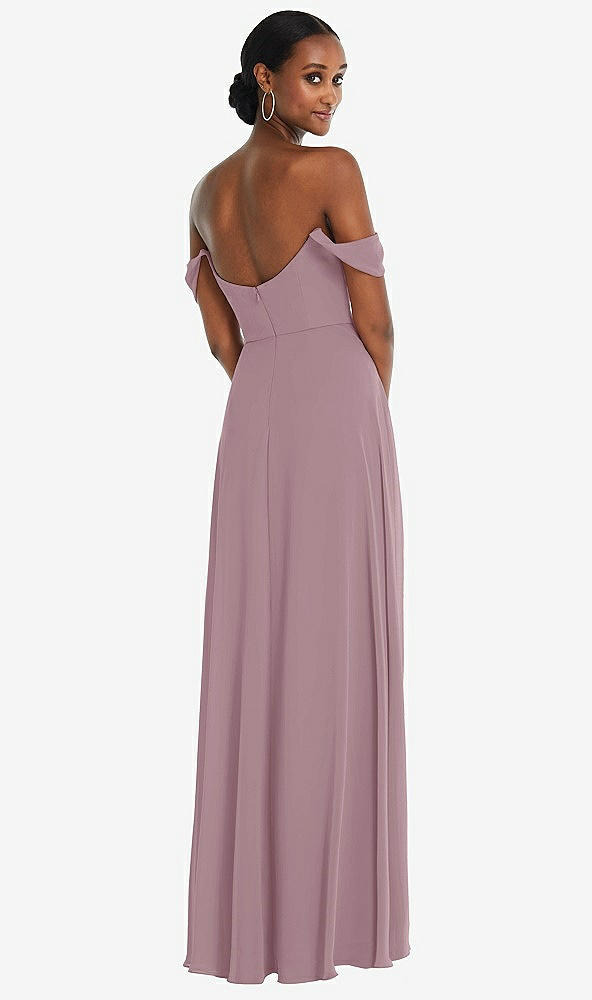Back View - Dusty Rose Off-the-Shoulder Basque Neck Maxi Dress with Flounce Sleeves