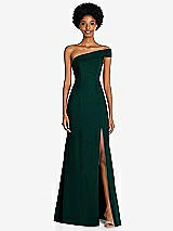Front View Thumbnail - Evergreen Asymmetrical Off-the-Shoulder Cuff Trumpet Gown With Front Slit
