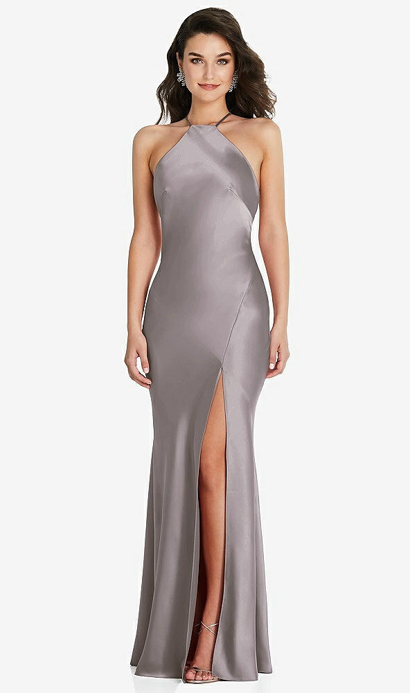 Front View - Cashmere Gray Halter Convertible Strap Bias Slip Dress With Front Slit