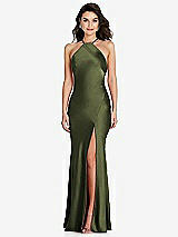 Front View Thumbnail - Olive Green Halter Convertible Strap Bias Slip Dress With Front Slit
