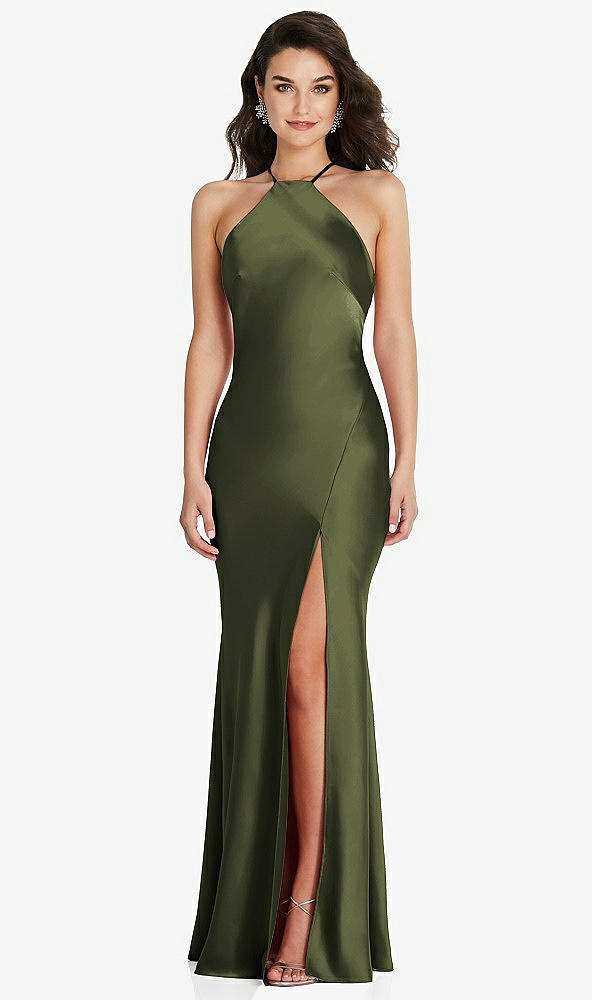 Front View - Olive Green Halter Convertible Strap Bias Slip Dress With Front Slit