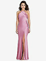 Front View Thumbnail - Powder Pink Halter Convertible Strap Bias Slip Dress With Front Slit