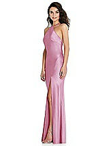 Side View Thumbnail - Powder Pink Halter Convertible Strap Bias Slip Dress With Front Slit