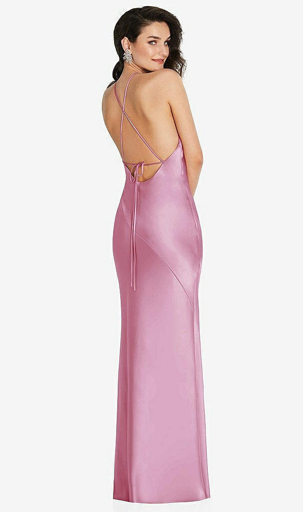 Back View - Powder Pink Halter Convertible Strap Bias Slip Dress With Front Slit