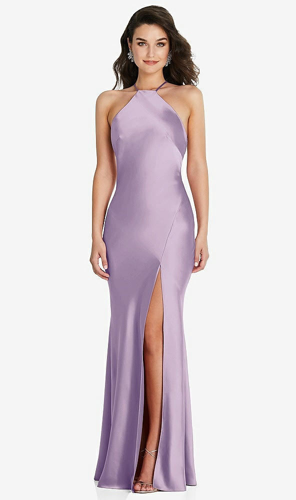 Front View - Pale Purple Halter Convertible Strap Bias Slip Dress With Front Slit