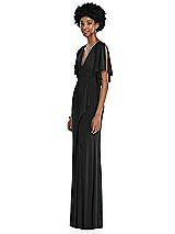 Side View Thumbnail - Black Faux Wrap Split Sleeve Maxi Dress with Cascade Skirt