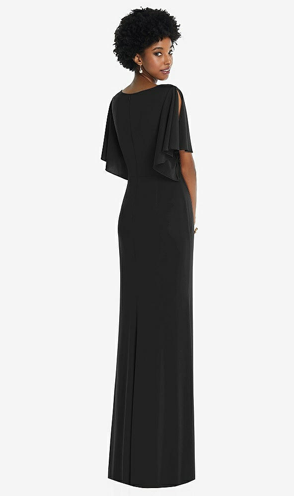 Back View - Black Faux Wrap Split Sleeve Maxi Dress with Cascade Skirt