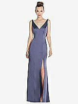 Rear View Thumbnail - French Blue Draped Cowl-Back Princess Line Dress with Front Slit