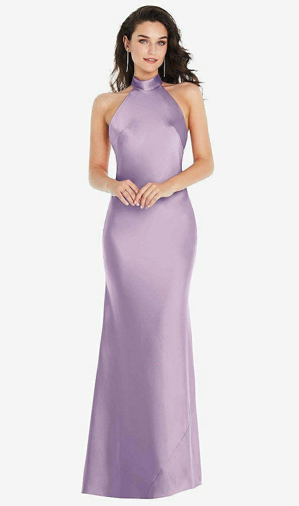 Front View - Pale Purple Scarf Tie High-Neck Halter Maxi Slip Dress