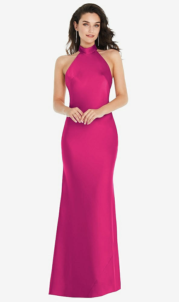 Front View - Think Pink Scarf Tie High-Neck Halter Maxi Slip Dress