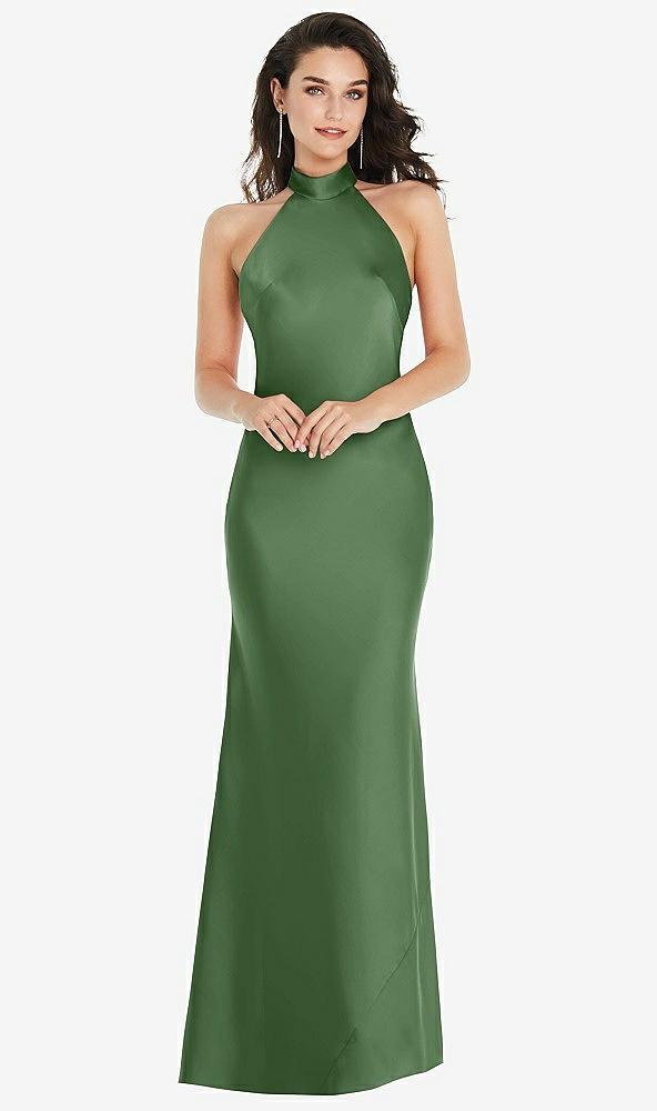 Front View - Vineyard Green Scarf Tie High-Neck Halter Maxi Slip Dress