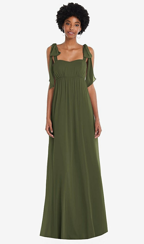 Front View - Olive Green Convertible Tie-Shoulder Empire Waist Maxi Dress