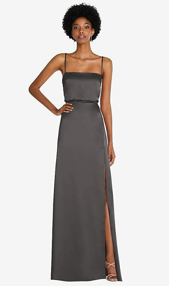Front View - Caviar Gray Low Tie-Back Maxi Dress with Adjustable Skinny Straps
