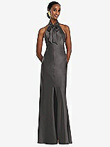 Front View Thumbnail - Caviar Gray Scarf Tie Stand Collar Maxi Dress with Front Slit
