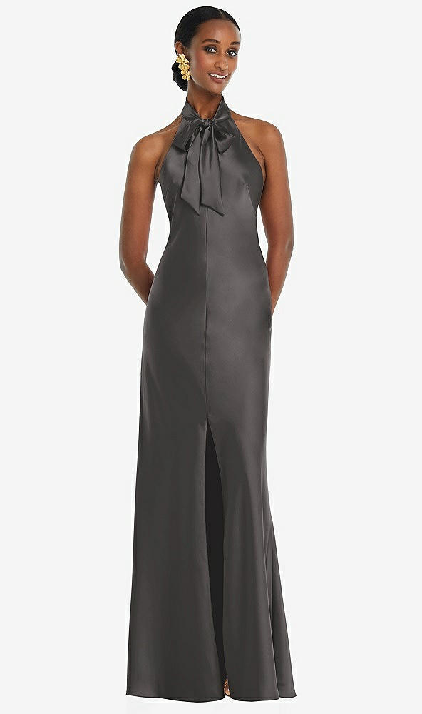 Front View - Caviar Gray Scarf Tie Stand Collar Maxi Dress with Front Slit