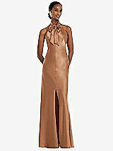Front View Thumbnail - Toffee Scarf Tie Stand Collar Maxi Dress with Front Slit