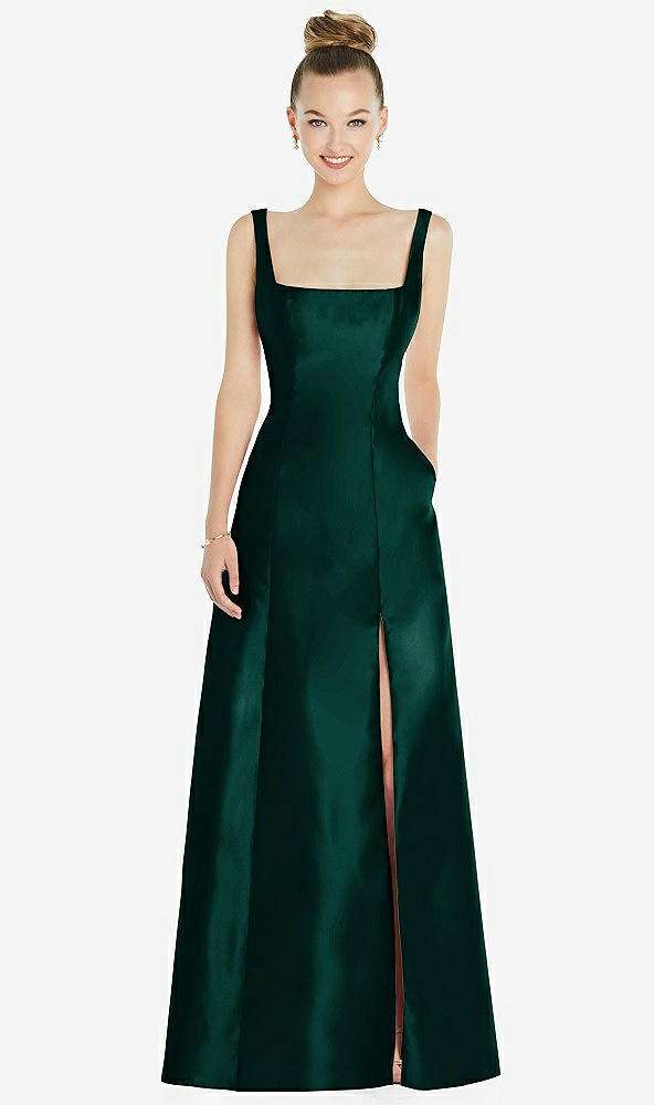 Front View - Evergreen Sleeveless Square-Neck Princess Line Gown with Pockets
