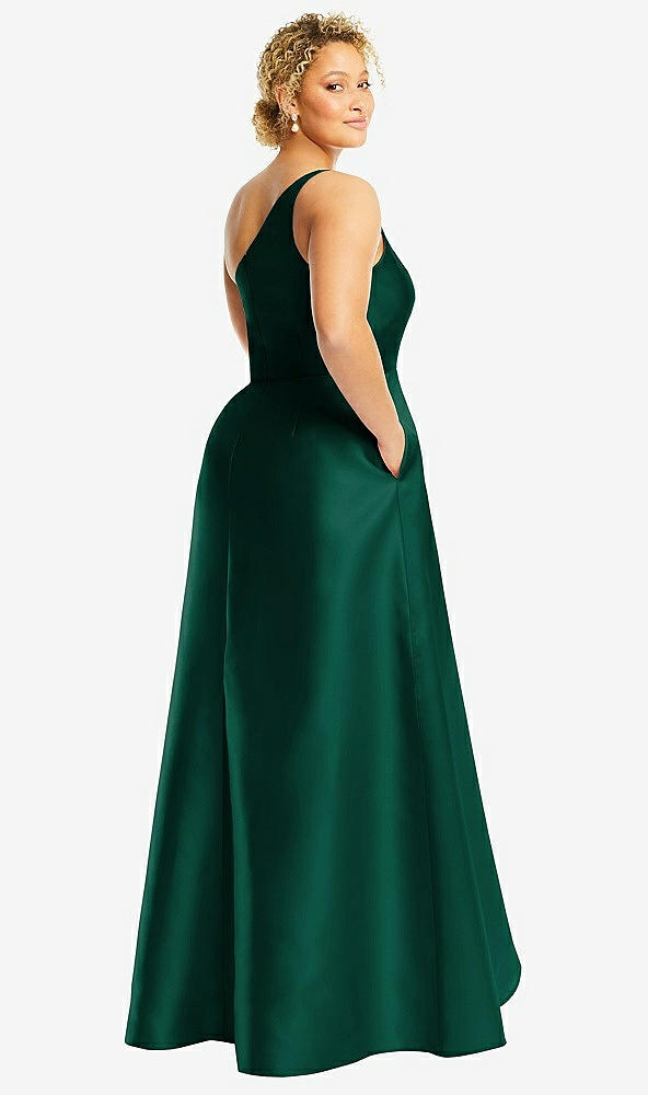 Back View - Hunter Green One-Shoulder Satin Gown with Draped Front Slit and Pockets