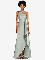 Alt View 1 Thumbnail - Willow Green One-Shoulder Satin Gown with Draped Front Slit and Pockets