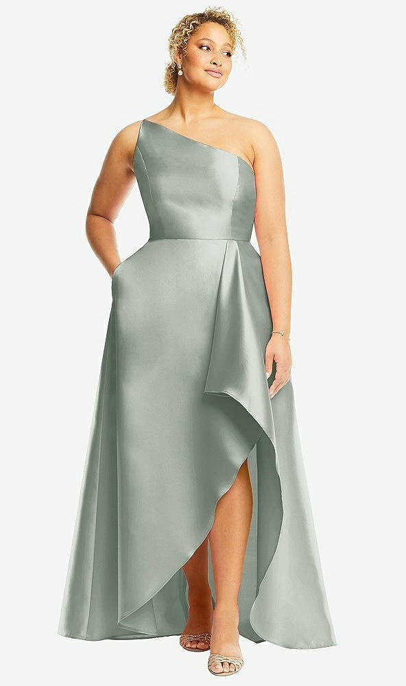 Front View - Willow Green One-Shoulder Satin Gown with Draped Front Slit and Pockets