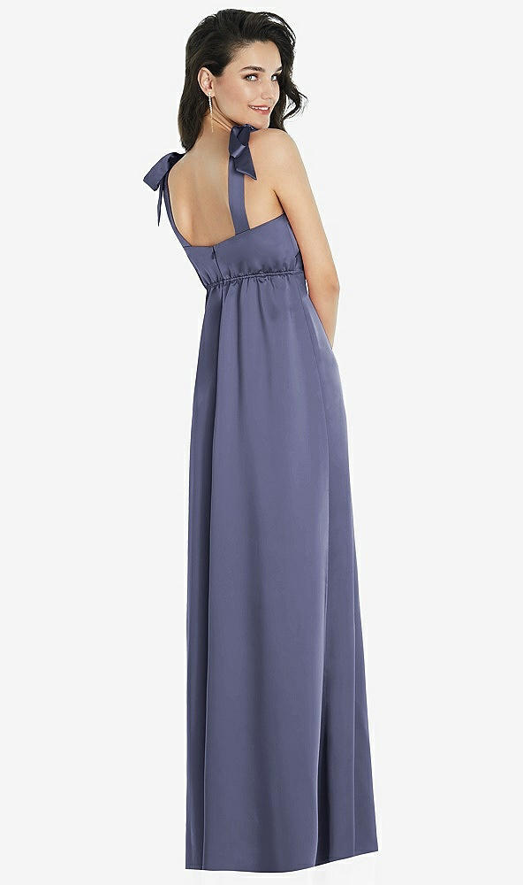 Back View - French Blue Flat Tie-Shoulder Empire Waist Maxi Dress with Front Slit