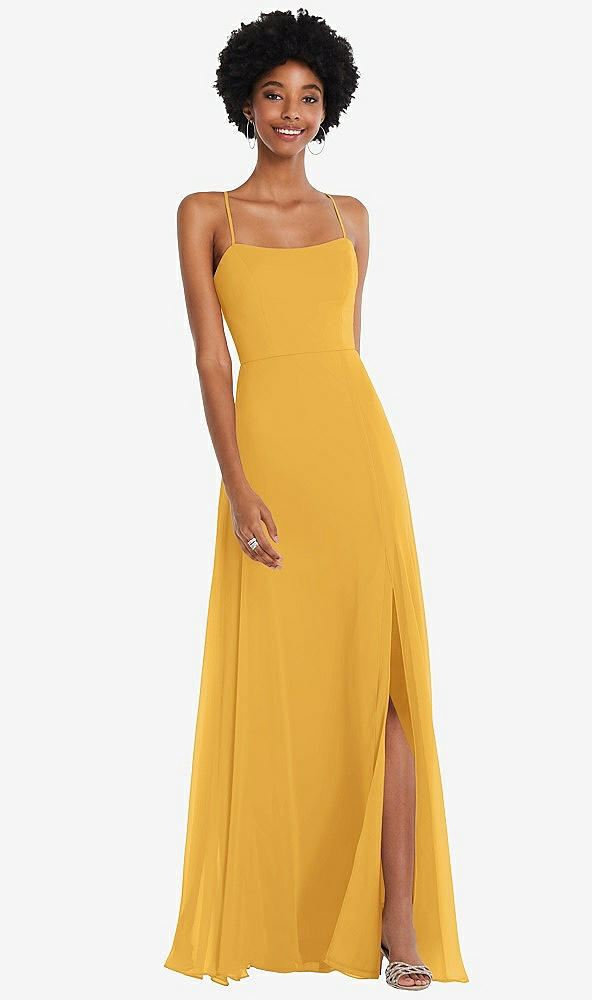 Front View - NYC Yellow Scoop Neck Convertible Tie-Strap Maxi Dress with Front Slit