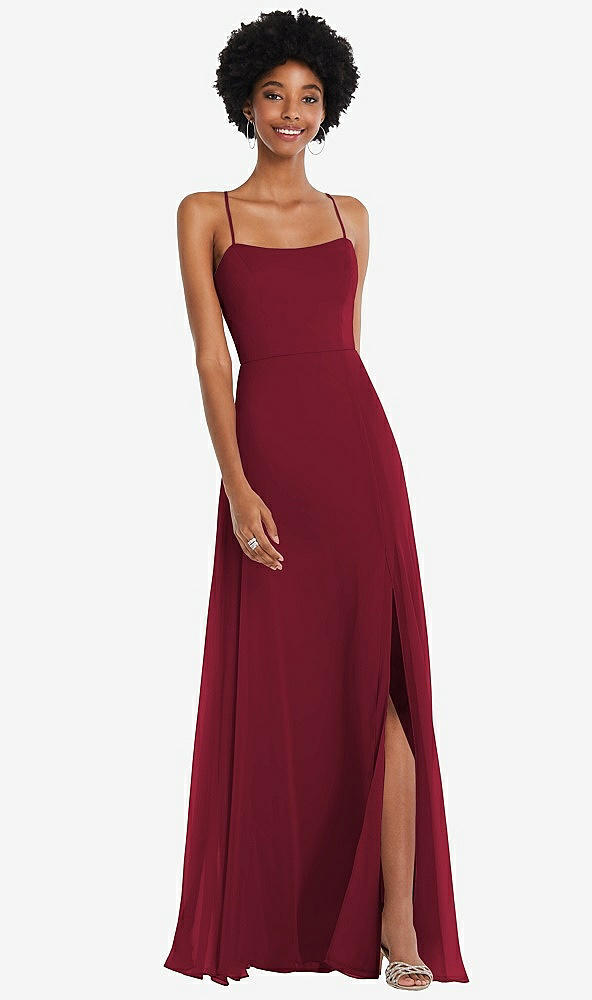 Front View - Burgundy Scoop Neck Convertible Tie-Strap Maxi Dress with Front Slit