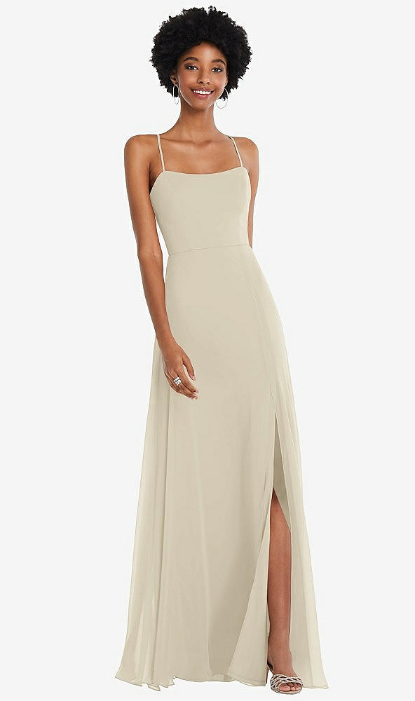 Front View - Champagne Scoop Neck Convertible Tie-Strap Maxi Dress with Front Slit