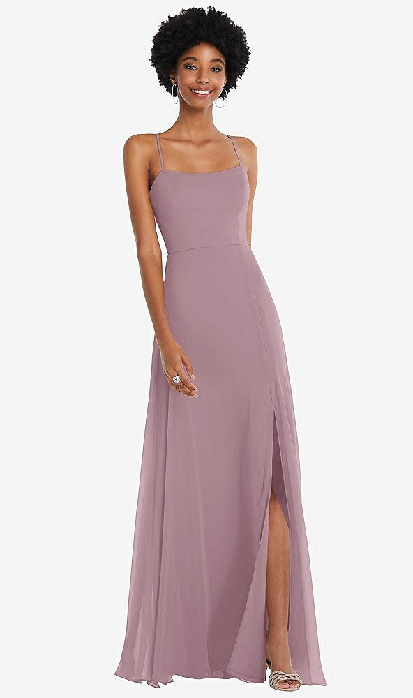 Front View - Dusty Rose Scoop Neck Convertible Tie-Strap Maxi Dress with Front Slit