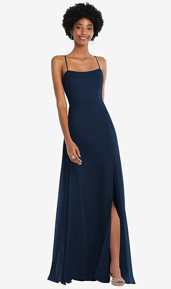 Front View - Midnight Navy Scoop Neck Convertible Tie-Strap Maxi Dress with Front Slit