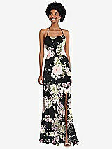 Alt View 1 Thumbnail - Noir Garden Scoop Neck Convertible Tie-Strap Maxi Dress with Front Slit
