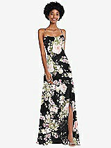 Front View Thumbnail - Noir Garden Scoop Neck Convertible Tie-Strap Maxi Dress with Front Slit