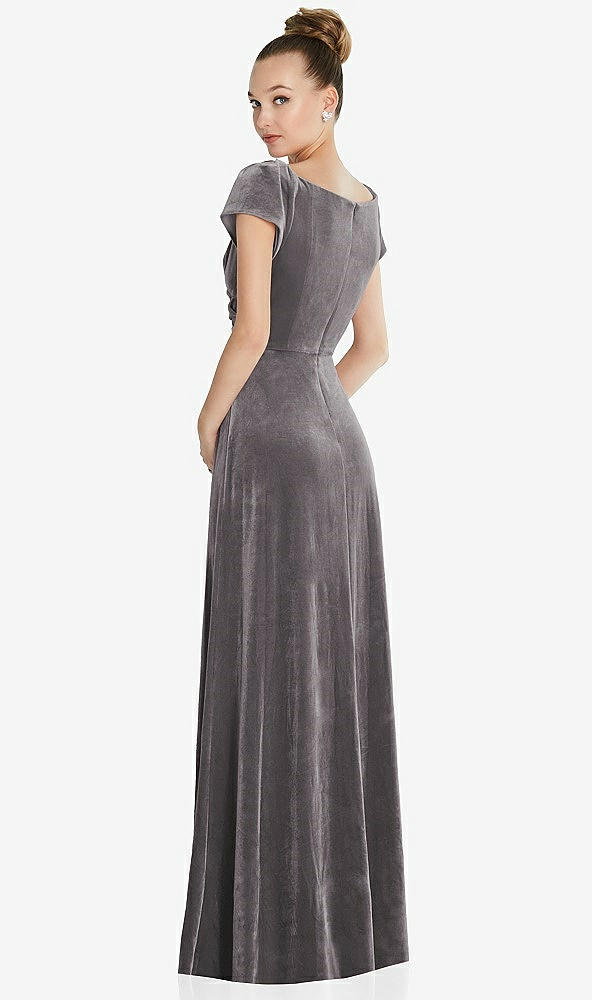Back View - Caviar Gray Cap Sleeve Faux Wrap Velvet Maxi Dress with Pockets