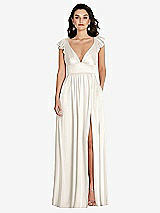 Front View Thumbnail - Ivory Deep V-Neck Ruffle Cap Sleeve Maxi Dress with Convertible Straps