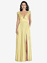 Front View Thumbnail - Pale Yellow Deep V-Neck Ruffle Cap Sleeve Maxi Dress with Convertible Straps