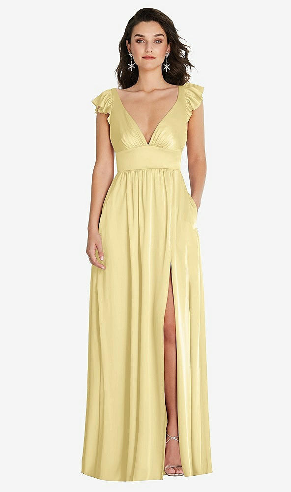 Front View - Pale Yellow Deep V-Neck Ruffle Cap Sleeve Maxi Dress with Convertible Straps