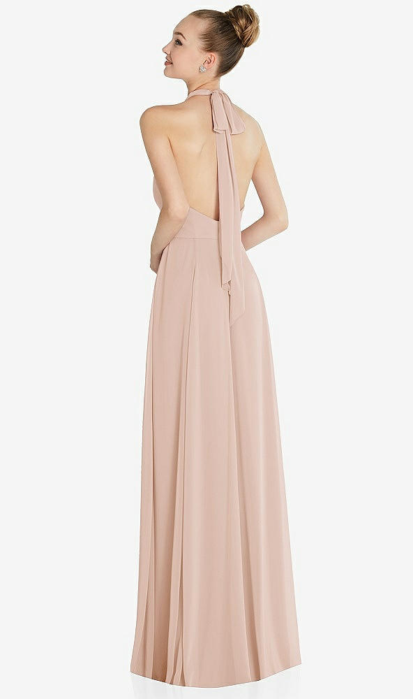 Back View - Cameo Halter Backless Maxi Dress with Crystal Button Ruffle Placket