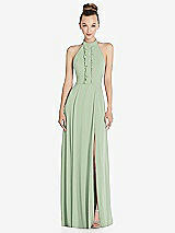 Front View Thumbnail - Celadon Halter Backless Maxi Dress with Crystal Button Ruffle Placket