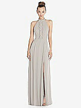 Front View Thumbnail - Oyster Halter Backless Maxi Dress with Crystal Button Ruffle Placket