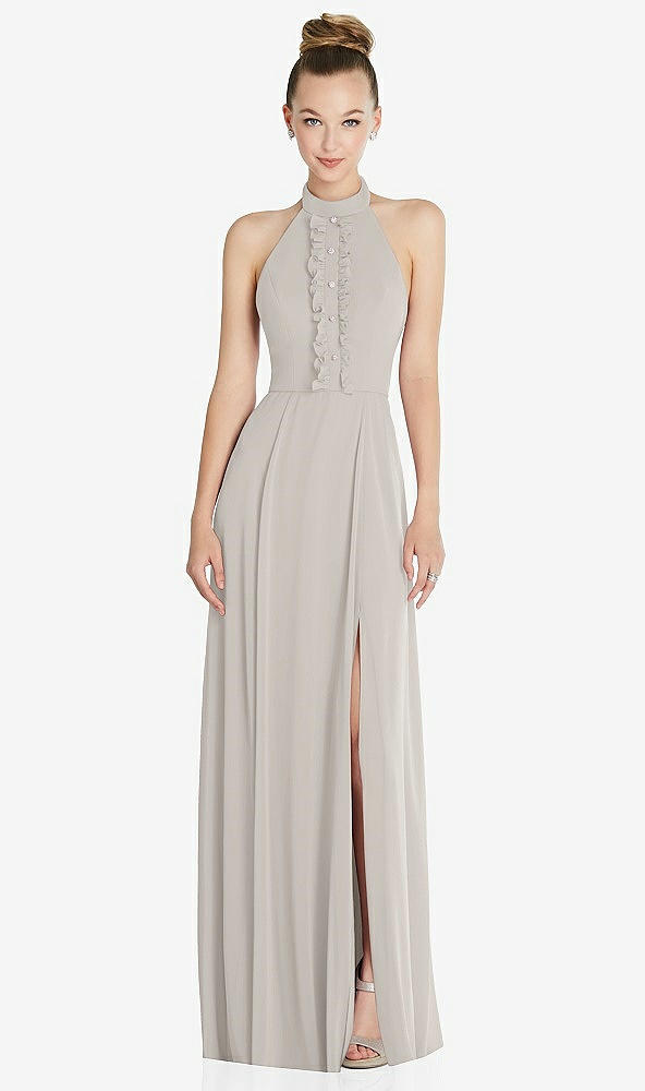 Front View - Oyster Halter Backless Maxi Dress with Crystal Button Ruffle Placket