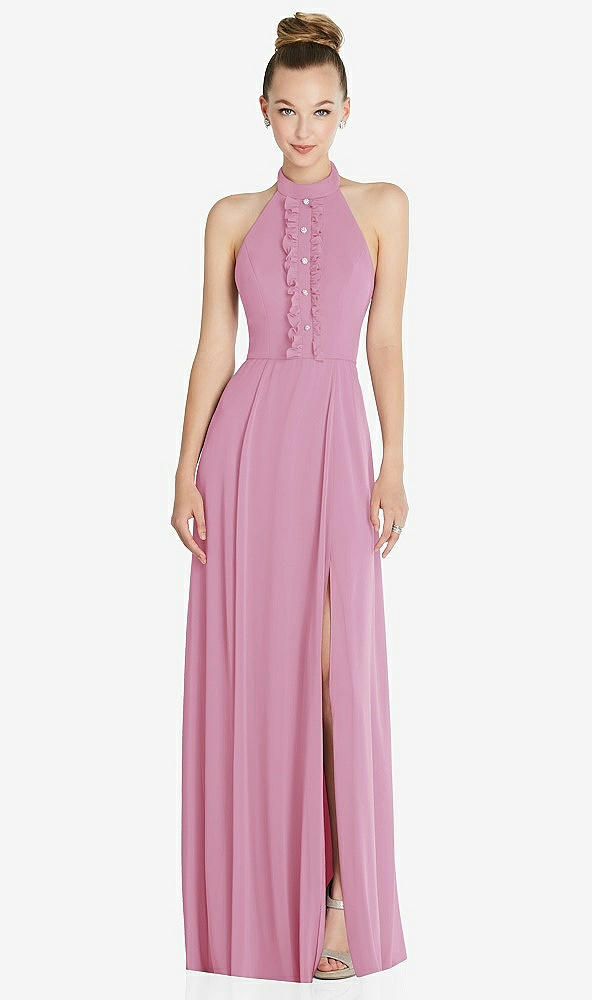 Front View - Powder Pink Halter Backless Maxi Dress with Crystal Button Ruffle Placket