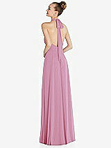 Rear View Thumbnail - Powder Pink Halter Backless Maxi Dress with Crystal Button Ruffle Placket